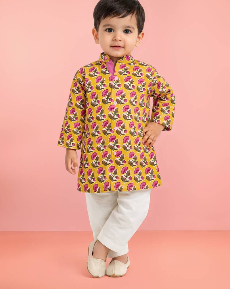 Baby boys yellow pure cotton floral print kurta pyjama set