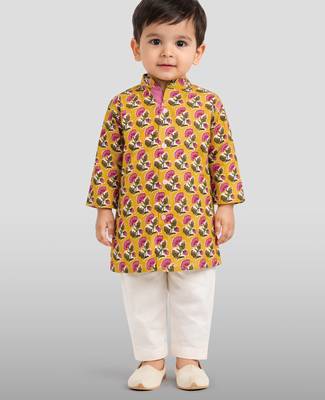 Baby boys yellow pure cotton floral print kurta pyjama set 3