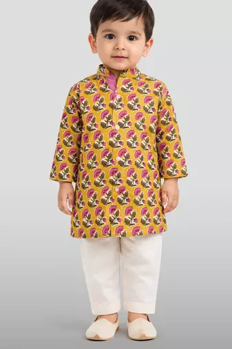 baby boys yellow pure cotton floral print kurta pyjama