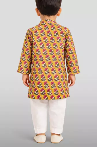baby boys yellow pure cotton floral print kurta pyjama