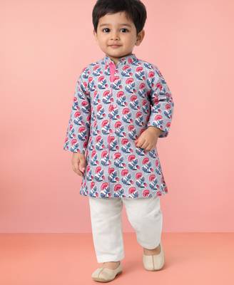 Baby boys grey pure cotton floral print kurta pyjama set 1