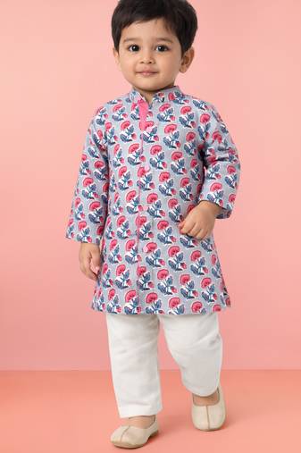 Baby boys grey pure cotton floral print kurta pyjama set