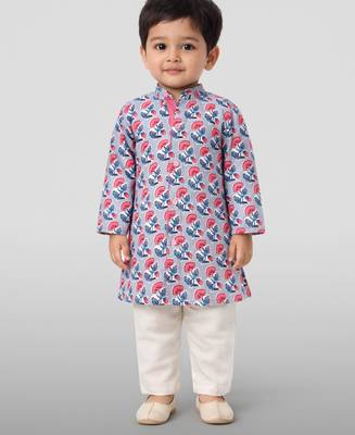 Baby boys grey pure cotton floral print kurta pyjama set 3