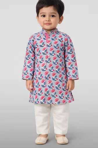 Baby boys grey pure cotton floral print kurta pyjama set