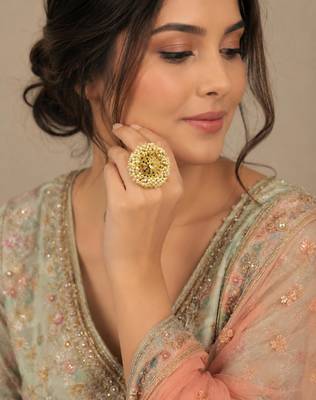 White color adjustable ring with moti & agate stone | gold plated 1