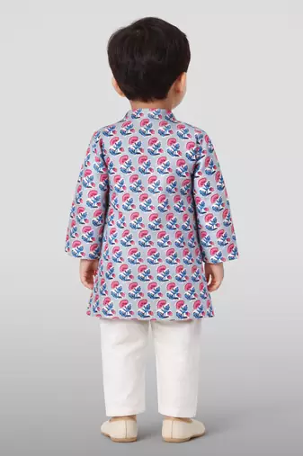 Baby boys grey pure cotton floral print kurta pyjama set