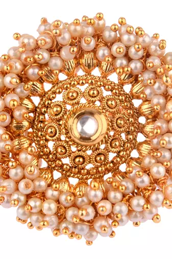White color adjustable ring with moti & agate stone | gold plated