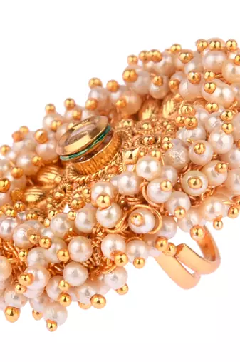 White color adjustable ring with moti & agate stone | gold plated
