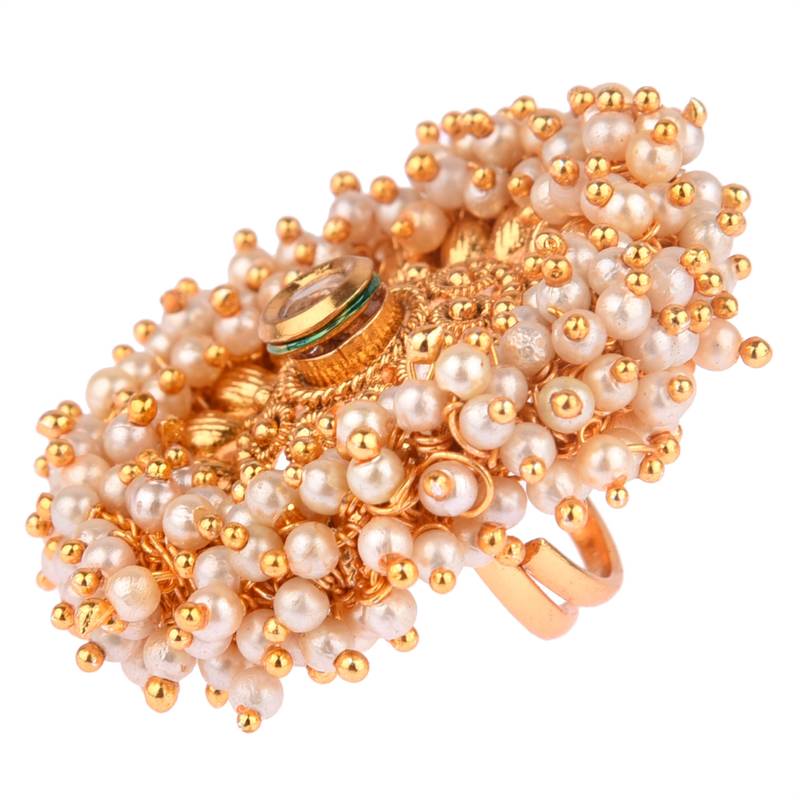White color adjustable ring with moti & agate stone | gold plated