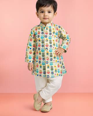 Baby boys white base multicolor pure cotton animal print kurta pyjama set 1