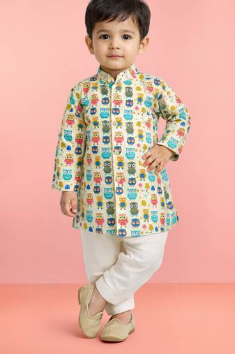 Baby boys white base multicolor pure cotton animal print kurta pyjama set