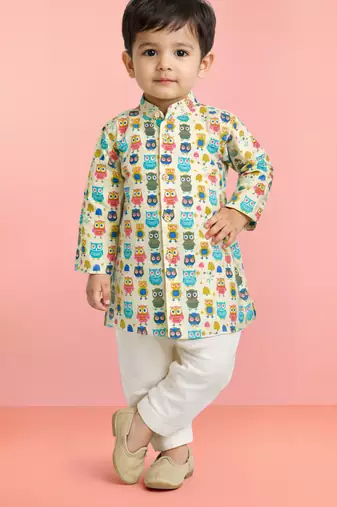 Baby boys white base multicolor pure cotton animal print kurta pyjama set