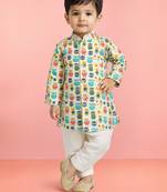 Baby boys white base multicolor pure cotton animal print kurta pyjama set