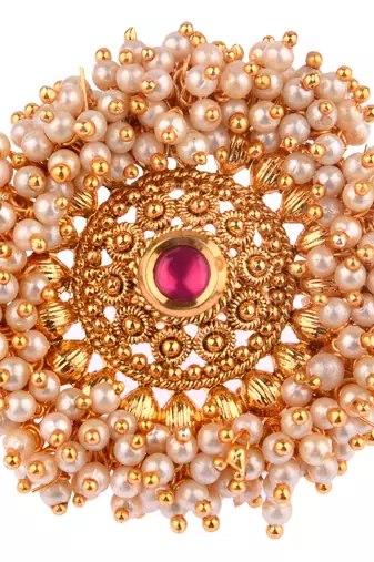 Ruby color adjustable ring with moti & agate stone | gold plated
