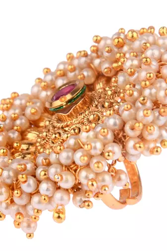 Ruby color adjustable ring with moti & agate stone | gold plated