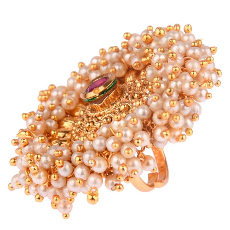 Ruby color adjustable ring with moti & agate stone | gold plated