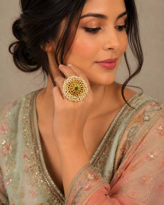Green color adjustable ring with moti & agate stone | gold plated 1