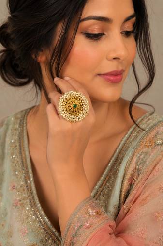 Green color adjustable ring with moti & agate stone | gold plated
