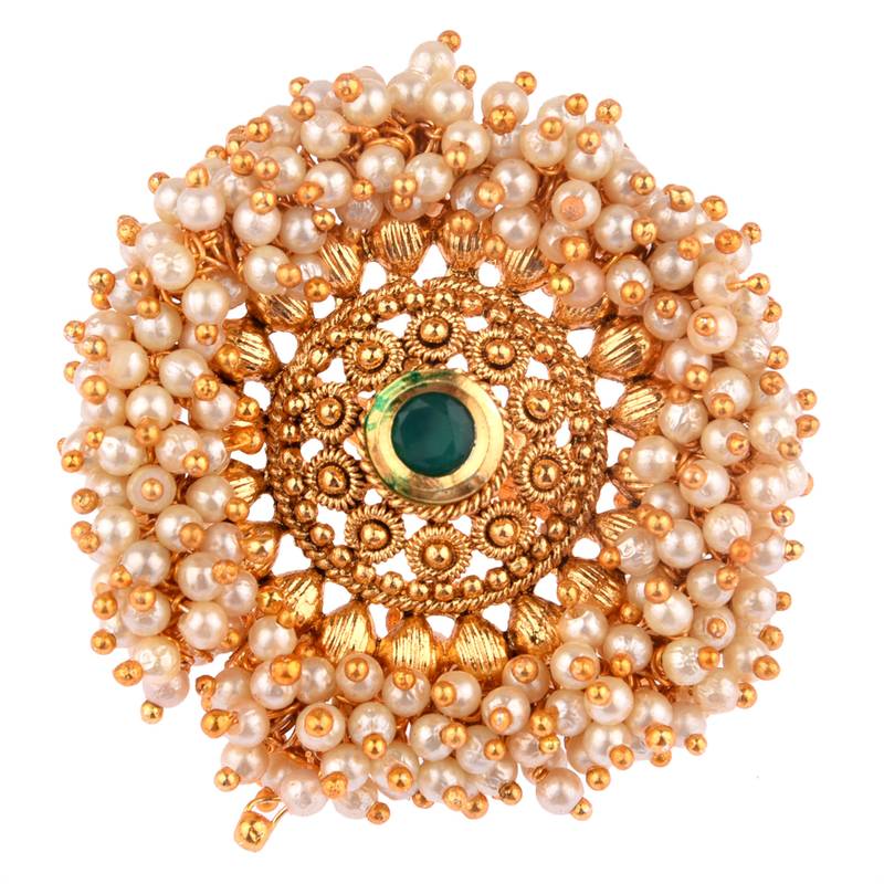 Green color adjustable ring with moti & agate stone | gold plated
