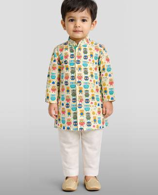 Baby boys white base multicolor pure cotton animal print kurta pyjama set 3