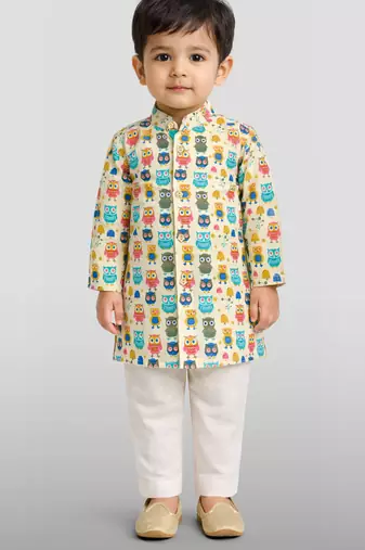 Baby boys white base multicolor pure cotton animal print kurta pyjama set