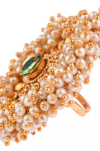 Green color adjustable ring with moti & agate stone | gold plated