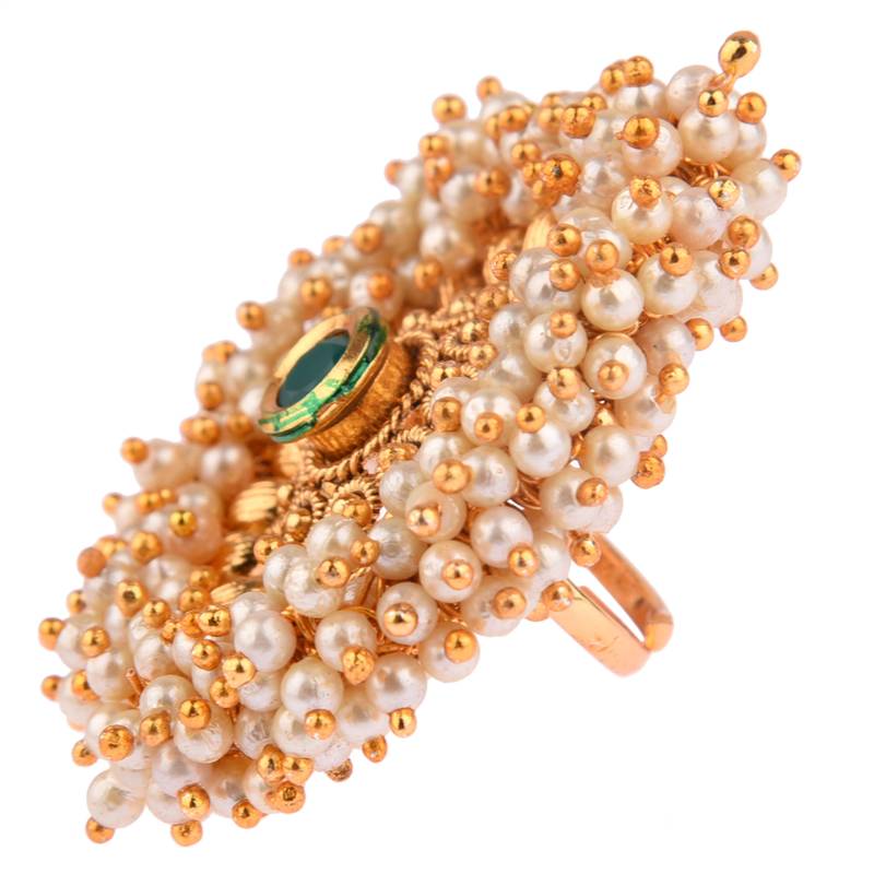 Green color adjustable ring with moti & agate stone | gold plated
