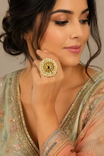 Black color adjustable ring with moti & agate stone | gold plated