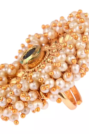 Black color adjustable ring with moti & agate stone | gold plated