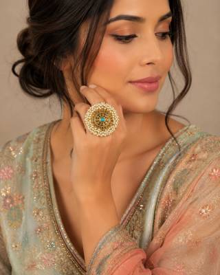 Firoza color adjustable ring with moti & agate stone | gold plated 1
