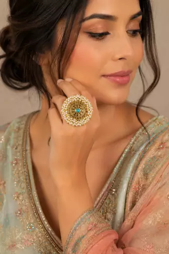 Firoza color adjustable ring with moti & agate stone | gold plated