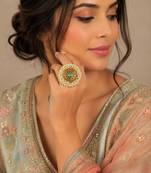 Firoza color adjustable ring with moti & agate stone | gold plated