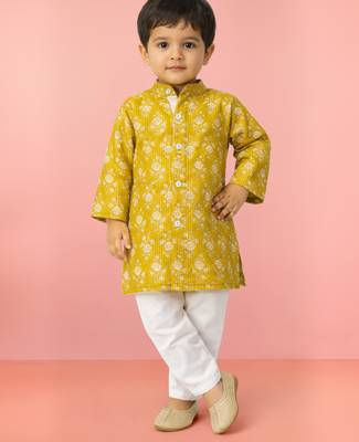 Baby boys yellow pure cotton floral print kurta pyjama set 1