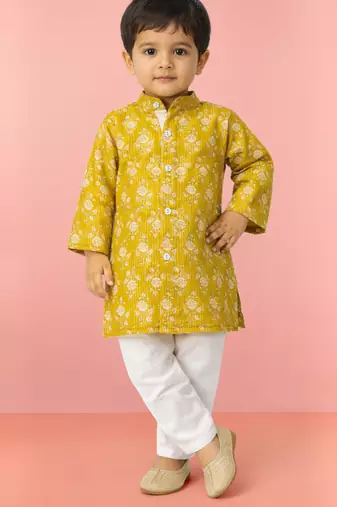 Baby boys yellow pure cotton floral print kurta pyjama set