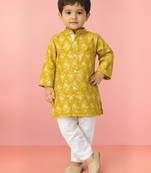 Baby boys yellow pure cotton floral print kurta pyjama set