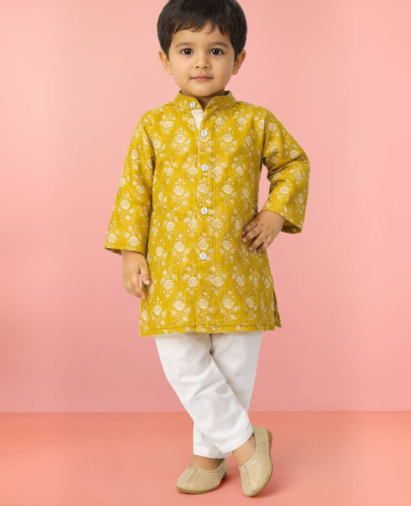 Baby boys yellow pure cotton floral print kurta pyjama set