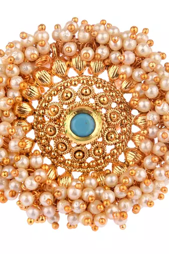 Firoza color adjustable ring with moti & agate stone | gold plated