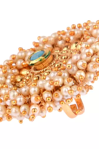 Firoza color adjustable ring with moti & agate stone | gold plated