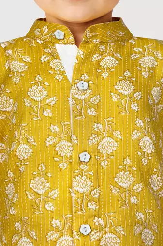 Baby boys yellow pure cotton floral print kurta pyjama set