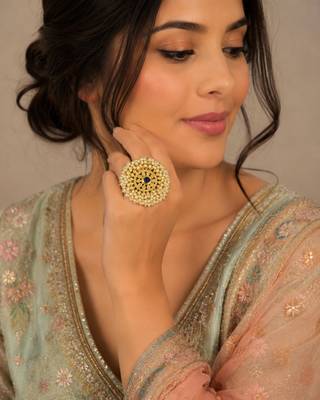 Blue color adjustable ring with moti & agate stone | gold plated 1