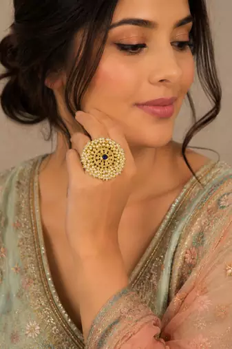 Blue color adjustable ring with moti & agate stone | gold plated