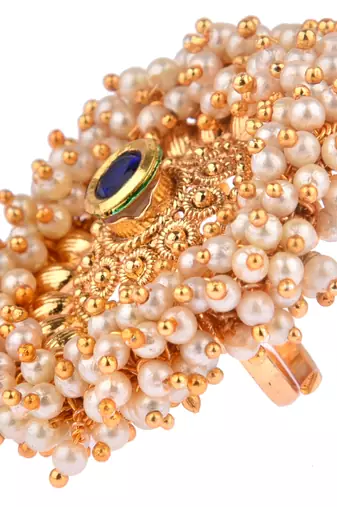 Blue color adjustable ring with moti & agate stone | gold plated