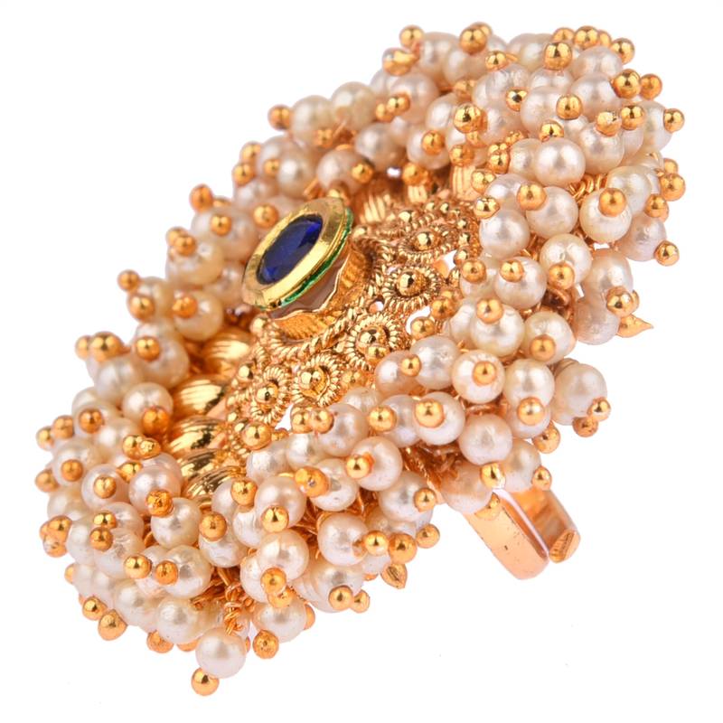 Blue color adjustable ring with moti & agate stone | gold plated