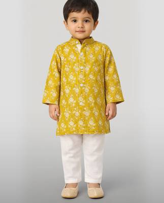 Baby boys yellow pure cotton floral print kurta pyjama set 3
