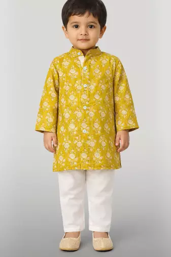 Baby boys yellow pure cotton floral print kurta pyjama set