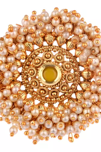 Yellow color adjustable ring with moti & agate stone | gold plated