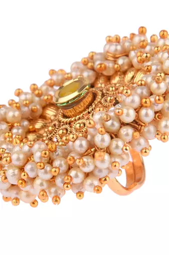 Yellow color adjustable ring with moti & agate stone | gold plated