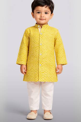 Baby boys yellow pure cotton geometric print kurta pyjama set