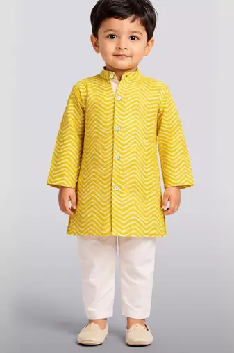 Baby boys yellow pure cotton geometric print kurta pyjama set