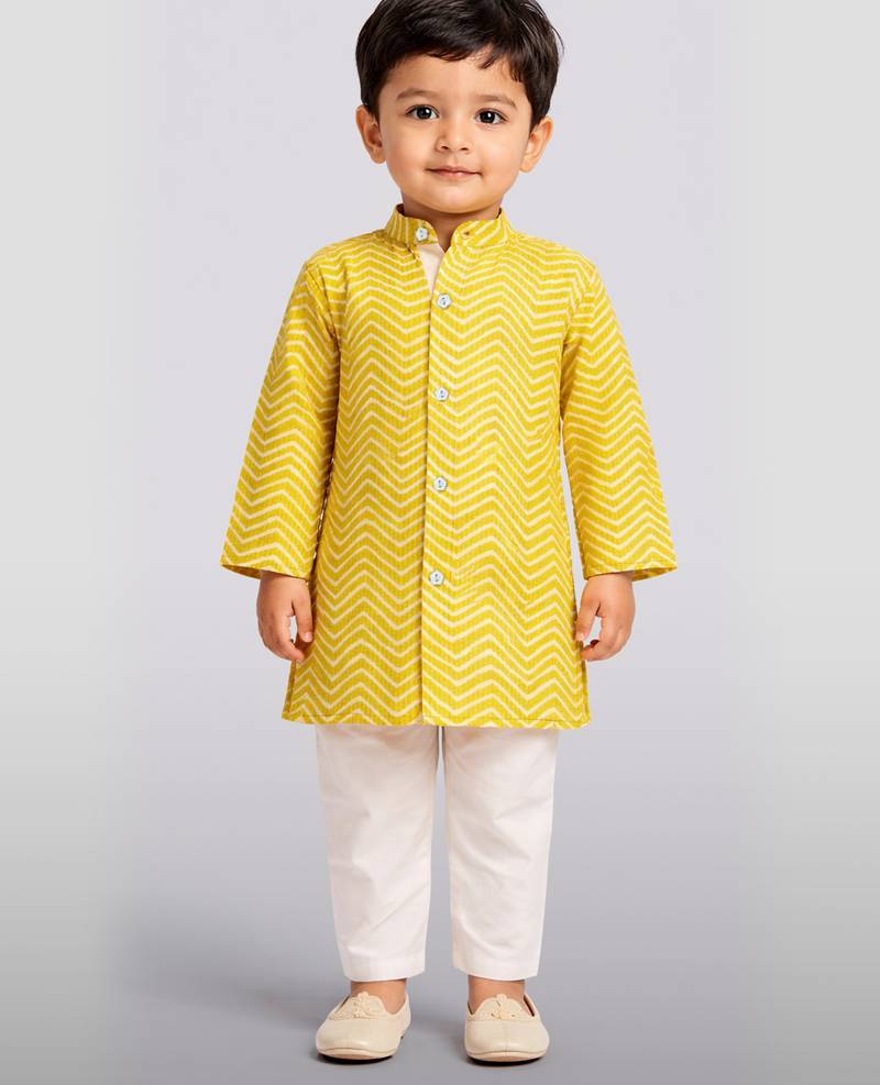 Baby boys yellow pure cotton geometric print kurta pyjama set